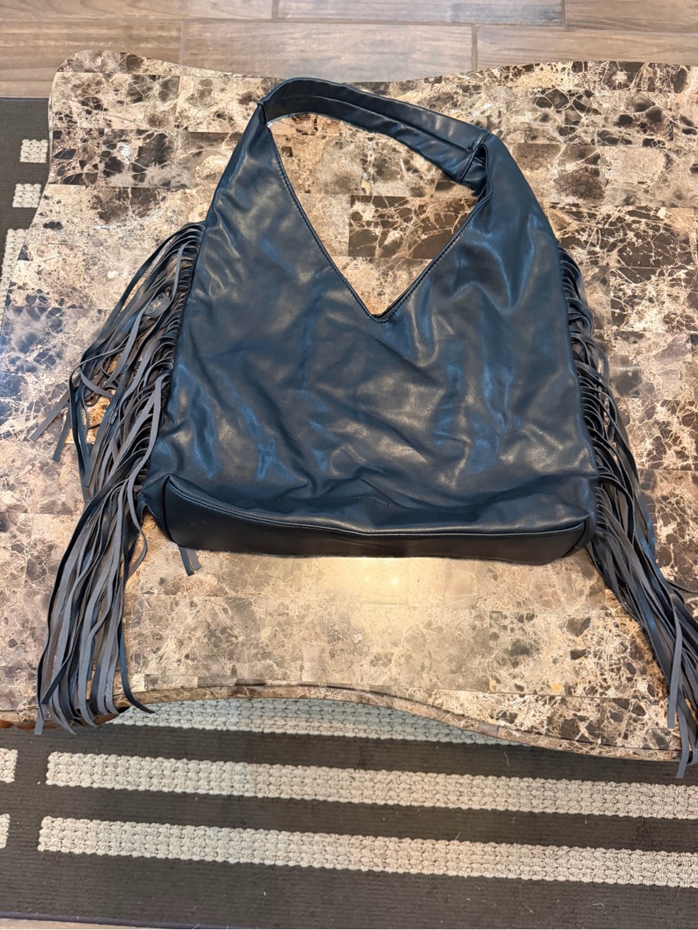 Fringed Leather Hobo Bag - Black - Picture 2 of 2